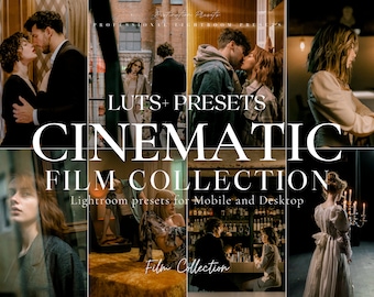 Puede incluir: Una colección de presets de Lightroom para dispositivos móviles y de escritorio, llamada "Cinematic Film Collection", con una variedad de imágenes que muestran los efectos de los presets.