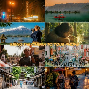 May include: A collage of eight cinematic scenes featuring the Chicago theater, a red boat on a lake, Mount Fuji, a person looking out a window, a person juggling, a busy Japanese street, a traditional market, and people with umbrellas with the text BRING THE CINEMA TO YOUR PHONE.