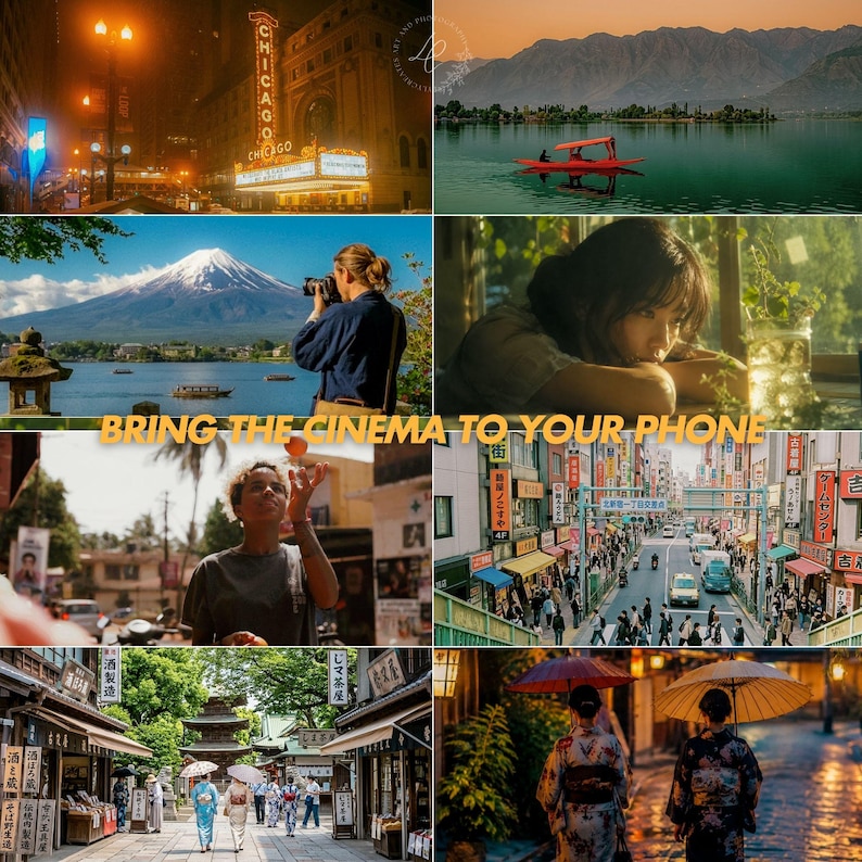 May include: A collage of eight cinematic scenes featuring the Chicago theater, a red boat on a lake, Mount Fuji, a person looking out a window, a person juggling, a busy Japanese street, a traditional market, and people with umbrellas with the text BRING THE CINEMA TO YOUR PHONE.