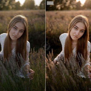 May include: A young person with long brown hair and a white lace top poses in a field of tall grass. The image is split into two sections, labeled "Before" and "After", showcasing a photo edit. The background is blurred with warm sunlight.