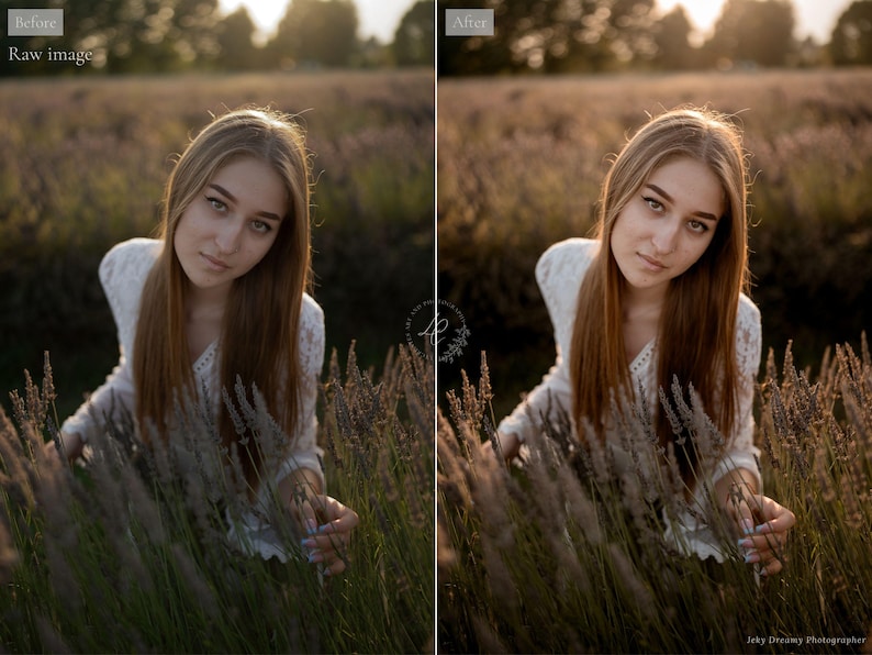 May include: A young person with long brown hair and a white lace top poses in a field of tall grass. The image is split into two sections, labeled "Before" and "After", showcasing a photo edit. The background is blurred with warm sunlight.