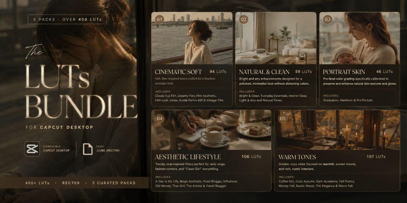 May include: A product image showcasing a bundle of LUTs (Look-Up Tables) for CapCut Desktop. The design features a woman and several lifestyle images. The text includes "The LUTs Bundle" and descriptions for various LUT packs, such as "Cinematic Soft" and "Warm Tones."