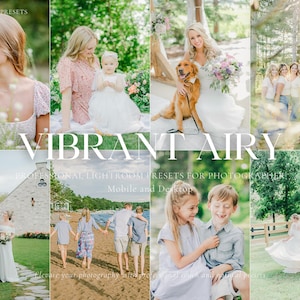 May include: A collage of images featuring outdoor scenes with people. The images include a woman in a field, a mother and child, a bride with a dog, a group of women, a couple, a family on a beach, and children. Text overlay reads "VIBRANT AIRY" and "LIGHTROOM PRESETS".
