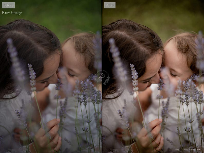 May include: A tender moment captured between a mother and child, their faces close, surrounded by soft lavender blooms. The image is a portrait, with a blurred background of green foliage, creating a sense of intimacy and warmth. The photo is a before and after comparison.