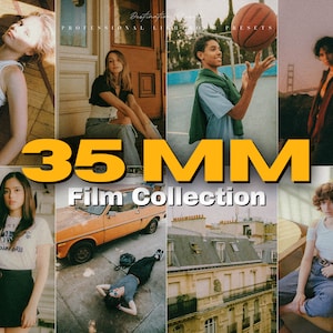 May include: A collage of images showcasing a collection of 35mm film presets. The images feature various scenes, including a person holding a basketball, a person standing in front of a bridge, a person sitting on a bench, and a person sitting in a chair. The text "35 MM Film Collection" is displayed in large, yellow letters.