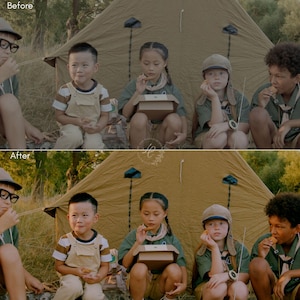 May include: A split-screen image shows a before-and-after comparison of a photo. The 'Before' image shows a group of children in scout uniforms sitting in front of a tent. The 'After' image shows the same scene with enhanced lighting and color correction.