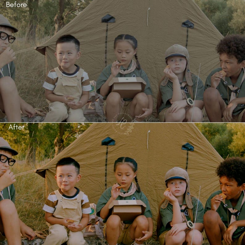 May include: A split-screen image shows a before-and-after comparison of a photo. The 'Before' image shows a group of children in scout uniforms sitting in front of a tent. The 'After' image shows the same scene with enhanced lighting and color correction.