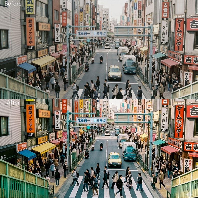 May include: A split-view photograph of a busy Japanese street intersection with pedestrians crossing a crosswalk. The scene features numerous vertical signs with Japanese text, multi-story buildings, a yellow taxi, and a blue truck.