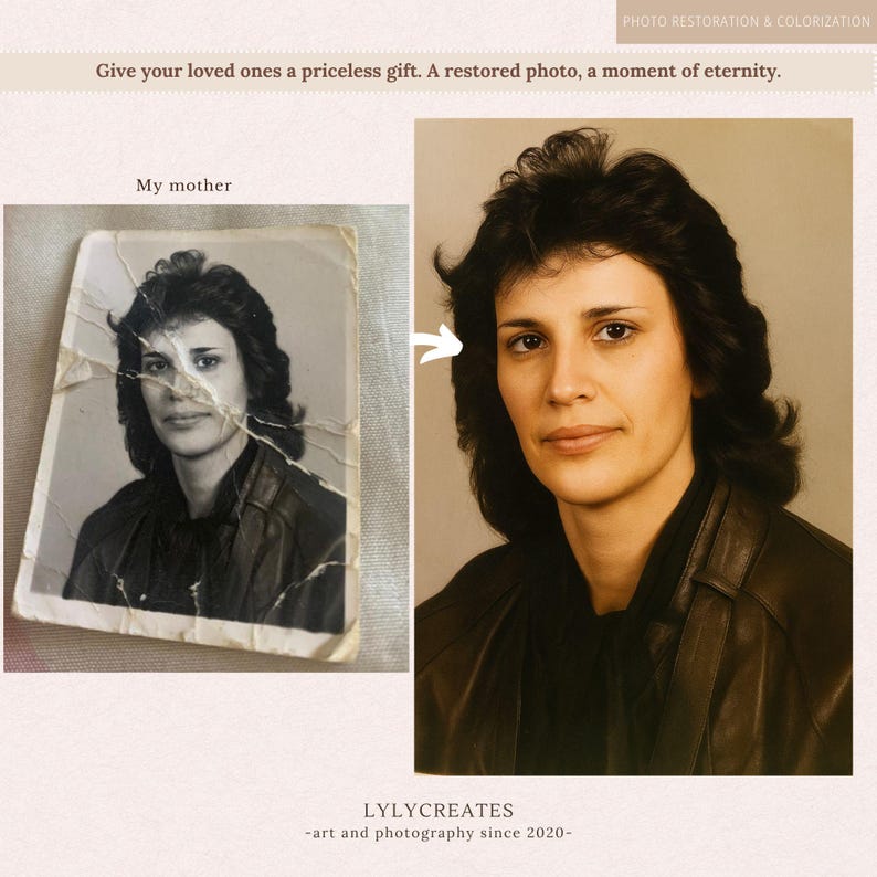May include: A before-and-after photo restoration service advertisement. The left side shows a damaged black and white photo of a woman. The right side displays the colorized, restored image. Text reads: "Give your loved ones a priceless gift. A restored photo, a moment of eternity."