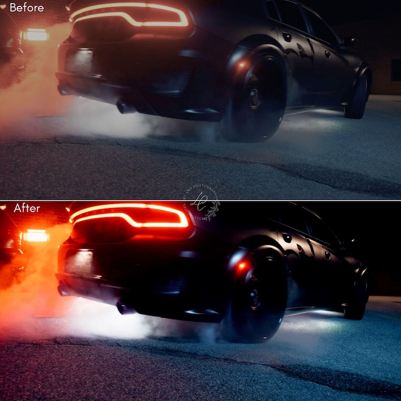 May include: A split-screen comparison showing a dark-colored sedan at night. The top panel labeled Before shows the car with smoke and dim lighting. The bottom panel labeled After shows the same car with enhanced red taillights and vibrant smoke.