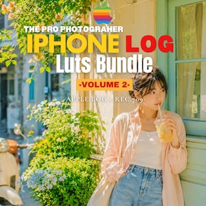 May include: A digital product advertisement titled THE PRO PHOTOGRAHER IPHONE LOG Luts Bundle -VOLUME 2- APPLE LOG + REC.709-. The image features a person in a light pink shirt and blue jeans holding a drink, with text overlays and a rainbow apple logo.