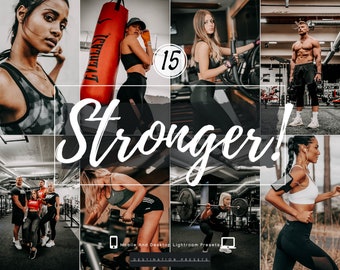 Könnte beinhalten: Eine Collage aus Bildern, die Menschen beim Training in einem Fitnessstudio und im Freien zeigen. Die Bilder sind in einem Raster angeordnet, mit dem Text "Stronger!" in großen weißen Buchstaben in der Mitte. Der Text "Mobile and Desktop Lightroom Presets" befindet sich am unteren Rand der Collage.