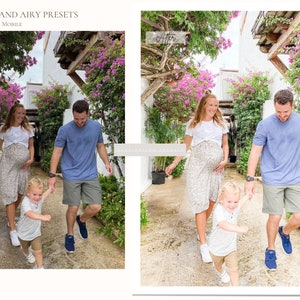May include: A family of three walks down a path lined with pink flowers. The woman is pregnant and wearing a floral dress. The man is wearing a blue shirt and khaki shorts. The child is wearing a white shirt and khaki shorts.