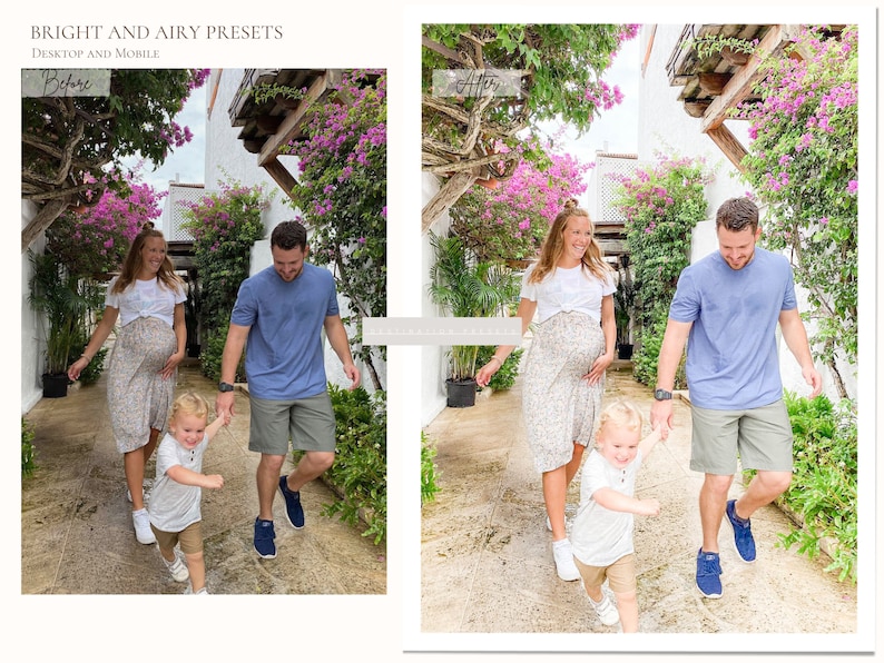 May include: A family of three walks down a path lined with pink flowers. The woman is pregnant and wearing a floral dress. The man is wearing a blue shirt and khaki shorts. The child is wearing a white shirt and khaki shorts.