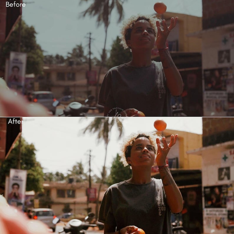 May include: A split-screen comparison showing a person with curly blonde hair wearing a dark gray t-shirt, juggling an orange in the air. The top panel is labeled Before, and the bottom panel is labeled After, demonstrating a color correction.