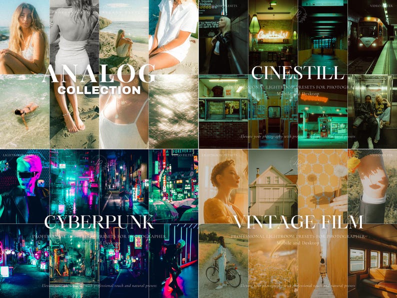 May include: A collage of four images showcasing different photo filter presets. The top left image shows a woman in a white dress on a beach. The top right image shows a street scene with a neon sign that reads "Cinestill". The bottom left image shows a neon-lit city street scene. The bottom right image shows a vintage-style photo of a building with a yellow and orange color scheme.
