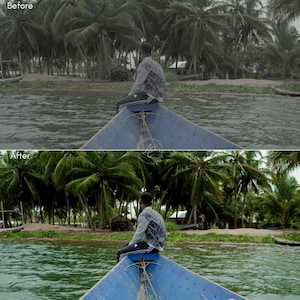 Puede incluir: Una persona est&aacute; sentada en la proa de un barco azul, de espaldas a la c&aacute;mara. El barco est&aacute; en un cuerpo de agua, con exuberantes &aacute;rboles verdes y vegetaci&oacute;n en el fondo. El cielo est&aacute; nublado.