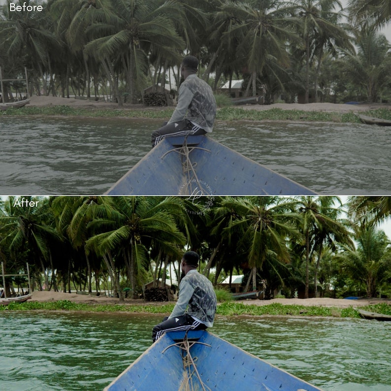 Puede incluir: Una persona est&aacute; sentada en la proa de un barco azul, de espaldas a la c&aacute;mara. El barco est&aacute; en un cuerpo de agua, con exuberantes &aacute;rboles verdes y vegetaci&oacute;n en el fondo. El cielo est&aacute; nublado.