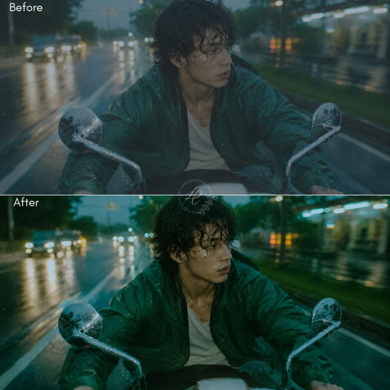 May include: A split-screen comparison showing a person with dark, wet hair riding a motorcycle in the rain at night. The person wears a dark green hooded jacket over a light-colored shirt. The image features two round chrome motorcycle mirrors.