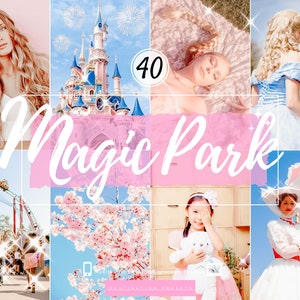 May include: A collage of images featuring a pink and blue castle, a pink cherry blossom tree, a roller coaster, a girl wearing a blue dress, a girl wearing a white dress with a pink umbrella, and a girl wearing a pink dress with a teddy bear. The text "Magic Park" is written in pink cursive letters on a pink background.