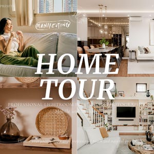 Può includere: Un collage di immagini che mostrano un tour di una casa con il testo "HOME TOUR" in grandi lettere bianche. Le immagini mostrano un soggiorno con un divano bianco, una sala da pranzo con un tavolo lungo e una biblioteca con librerie e una TV.