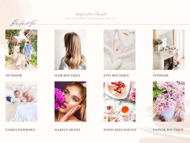 May include: A collage of images showcasing different business categories, including outdoor photography, hair salon, Etsy shop, interior design, family portraits, makeup artist, food and restaurant, and flower shop.