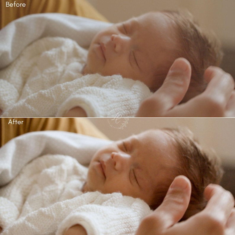 May include: A newborn baby swaddled in a white, textured blanket, resting peacefully. The baby's face is illuminated by soft light, with a gentle expression. The baby is held in someone's hands.