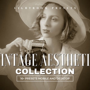 May include: Sepia-toned image featuring a woman in a vintage aesthetic. She wears a large hat and holds a classic camera. The text "VINTAGE AESTHETIC COLLECTION" is displayed, along with "16+ PRESETS MOBILE AND DESKTOP".