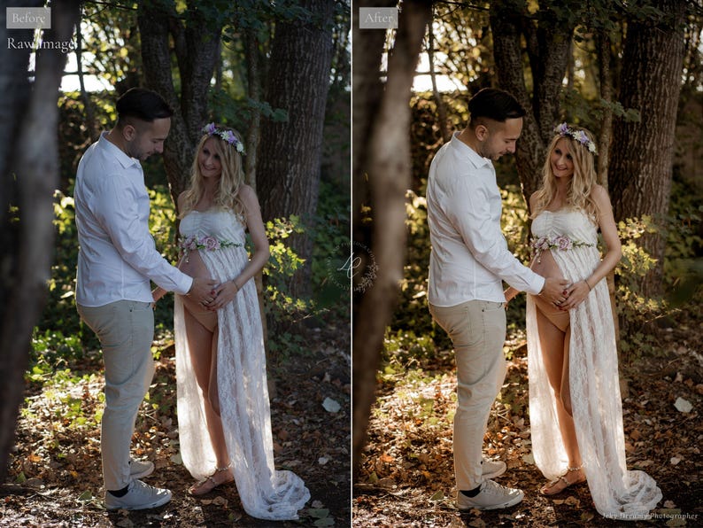 May include: A couple poses outdoors in a forest setting. The woman wears a white strapless gown with floral accents and a flower crown. The man wears a white button-down shirt and khaki pants. The image is a maternity photoshoot.
