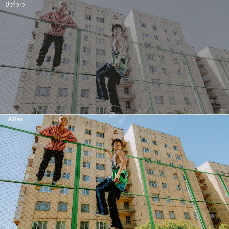 May include: Two individuals climbing a green chain-link fence in front of a tall concrete building. One wears a red and white striped long-sleeve shirt with black pants, while the other wears a green and white tank top with black track pants.