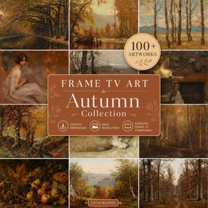 Pode incluir: Uma coleção digital de mais de 100 obras de arte com tema de outono para TVs Frame, apresentando várias pinturas de paisagens, naturezas-mortas e retratos em tons quentes. O texto central diz: FRAME TV ART Autumn Collection.