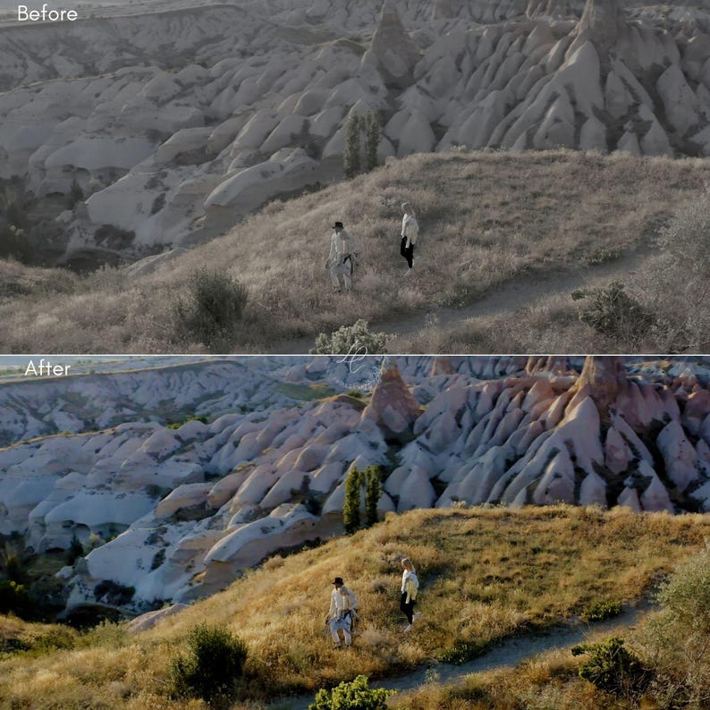 Puede incluir: Imagen dividida que muestra una comparaci&oacute;n de un paisaje antes y despu&eacute;s de la edici&oacute;n. La mitad superior es una imagen en blanco y negro de un terreno monta&ntilde;oso y rocoso con dos personas. La mitad inferior es la escena corregida en color.