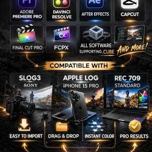 Puede incluir: Gr&aacute;fico que promociona la compatibilidad del software de edici&oacute;n de v&iacute;deo. Se muestran los logotipos de Adobe Premiere Pro, DaVinci Resolve, After Effects, CapCut, Final Cut Pro y FCPX. Compatible con SONY SLOG3, Apple Log iPhone 15 Pro y REC 709 Standard.