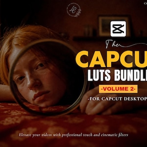 May include: A promotional image for the CapCut LUTS Bundle, Volume 2, for CapCut Desktop. The image features a person looking into a mirror, with text overlayed in yellow and white. The background is a dark, warm color.