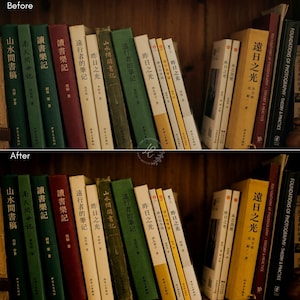 May include: A collection of books with various colored spines, including green, red, white, and yellow, arranged on a wooden shelf. The titles are in a foreign language, with some English text visible on the spines.