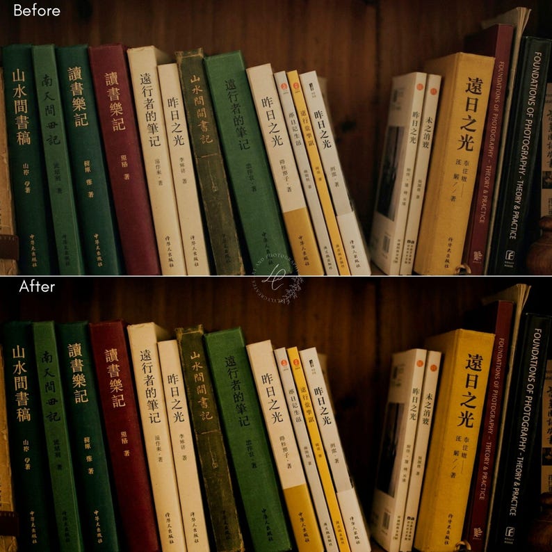 May include: A collection of books with various colored spines, including green, red, white, and yellow, arranged on a wooden shelf. The titles are in a foreign language, with some English text visible on the spines.