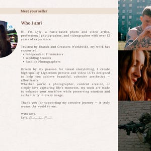 Puede incluir: Una p&aacute;gina web titulada "Meet your seller" presenta a una fot&oacute;grafa y vide&oacute;grafa con sede en Par&iacute;s. La p&aacute;gina incluye texto e im&aacute;genes, incluido un retrato de la vendedora y ejemplos de su trabajo.