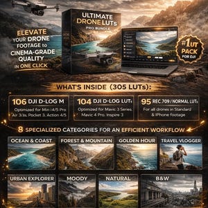 Puede incluir: Imagen promocional de Ultimate Drone LUTs, un paquete profesional para pilotos de DJI. La imagen presenta una caja de producto, un port&aacute;til que muestra un software de edici&oacute;n de v&iacute;deo y un dron. La imagen destaca la calidad cinematogr&aacute;fica.