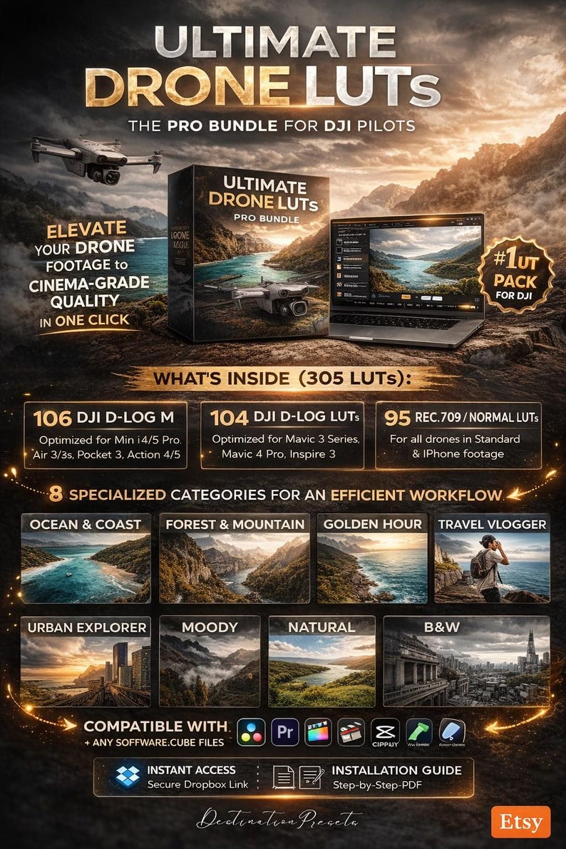 Puede incluir: Imagen promocional de Ultimate Drone LUTs, un paquete profesional para pilotos de DJI. La imagen presenta una caja de producto, un port&aacute;til que muestra un software de edici&oacute;n de v&iacute;deo y un dron. La imagen destaca la calidad cinematogr&aacute;fica.