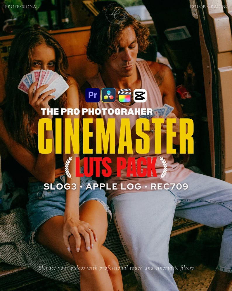 Pode incluir: Imagem promocional de um 'Cinemaster Luts Pack' para fot&oacute;grafos profissionais. A imagem apresenta um casal com cartas de jogar, com texto sobreposto incluindo 'Cinemaster Luts Pack' e &iacute;cones de software. A atmosfera &eacute; quente e cinematogr&aacute;fica.