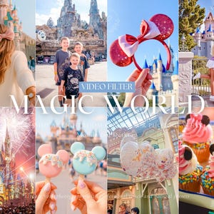 Pu&ograve; includere: Un collage di immagini a tema "Magic World". Include una persona con un fiocco rosa, bambini, una fascia per le orecchie di Minnie Mouse, fuochi d'artificio, cake pops di Mickey Mouse, palloncini e cupcakes. Il testo include "Video Filter" e "Lightroom".