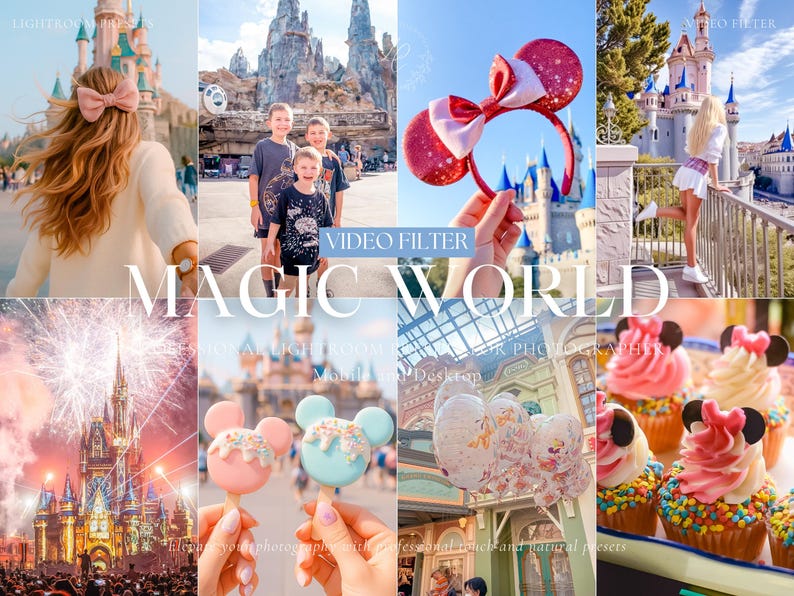 Pu&ograve; includere: Un collage di immagini a tema "Magic World". Include una persona con un fiocco rosa, bambini, una fascia per le orecchie di Minnie Mouse, fuochi d'artificio, cake pops di Mickey Mouse, palloncini e cupcakes. Il testo include "Video Filter" e "Lightroom".