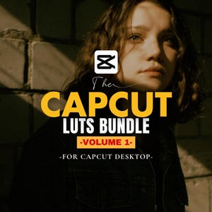 Pode incluir: Imagem promocional para um pacote de LUTs CapCut. A imagem apresenta uma mulher com cabelo escuro e o texto "The CAPCUT LUTS BUNDLE -VOLUME 1- FOR CAPCUT DESKTOP-" em amarelo e branco. A imagem também inclui o logotipo CapCut.