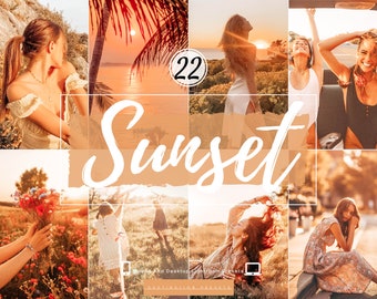 22 SUNSET Presets Lightroom Mobile and Desktop Warm Presets Instagram Filters Travel Bloggers Preset Golden Presets Summer Beach Presets