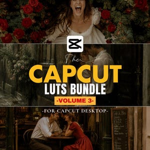 Pode incluir: Imagem promocional para um pacote CapCut LUTS, com uma mulher de boca aberta, um casal e uma cena de café. O texto inclui "The CAPCUT LUTS BUNDLE -VOLUME 3- FOR CAPCUT DESKTOP".