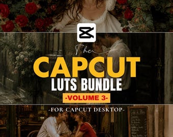 May include: A promotional image for a CapCut LUTS bundle, featuring a woman with an open mouth, a couple, and a cafe scene. The text includes "The CAPCUT LUTS BUNDLE -VOLUME 3- FOR CAPCUT DESKTOP".