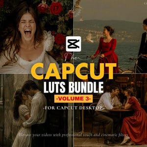 Puede incluir: Imagen promocional para un paquete CapCut LUTS Bundle, Volumen 3, para uso en escritorio. La imagen presenta cuatro paneles con escenas rom&aacute;nticas y cinematogr&aacute;ficas, incluyendo una mujer con un vestido rojo en bicicleta y una pareja abraz&aacute;ndose. El texto dice: "Eleva tus v&iacute;deos con un toque profesional y filtros cinematogr&aacute;ficos."