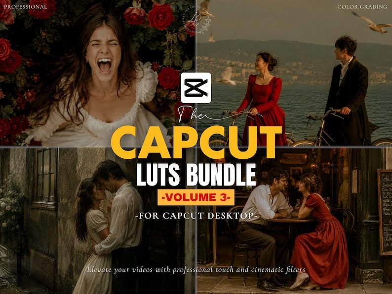 Puede incluir: Imagen promocional para un paquete CapCut LUTS Bundle, Volumen 3, para uso en escritorio. La imagen presenta cuatro paneles con escenas rom&aacute;nticas y cinematogr&aacute;ficas, incluyendo una mujer con un vestido rojo en bicicleta y una pareja abraz&aacute;ndose. El texto dice: "Eleva tus v&iacute;deos con un toque profesional y filtros cinematogr&aacute;ficos."