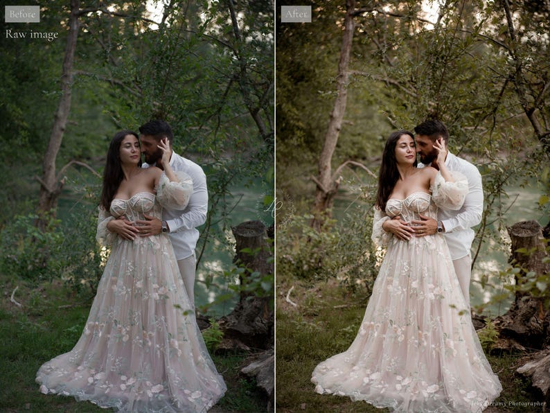 May include: A woman in an off-the-shoulder, floral-embroidered wedding dress stands with a man in a white shirt. The dress is a light beige color with delicate floral patterns. The couple is in a natural outdoor setting with trees and greenery.
