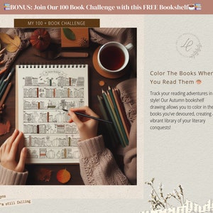 May include: A hand colors in a black and white illustration of a bookshelf filled with books. The illustration is on a white sheet of paper with a spiral binding. The hand is holding a black pencil. The background is a wooden table with a cup of tea, pencils, and fall leaves.